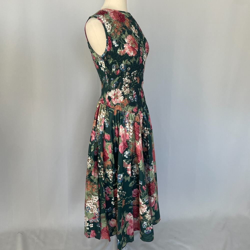 Vintage Midi Dress Size 10 Green Pink Floral Botanical Garden Spring Romantic - Picture 6 of 16